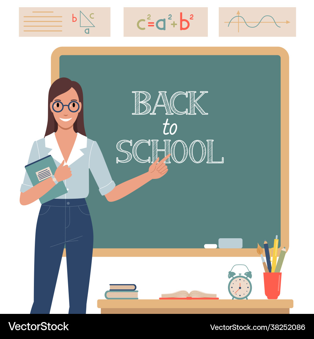 Teacher stands near school board Royalty Free Vector Image