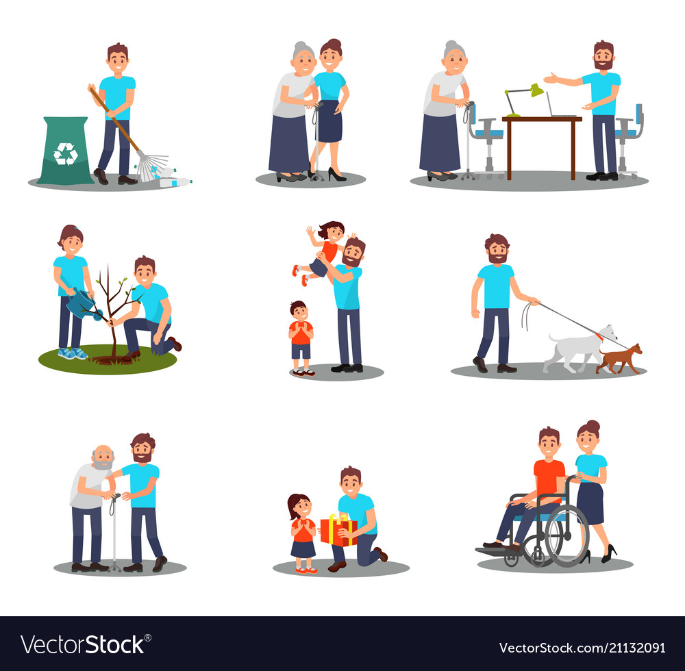 Flat set of young volunteers in action Royalty Free Vector