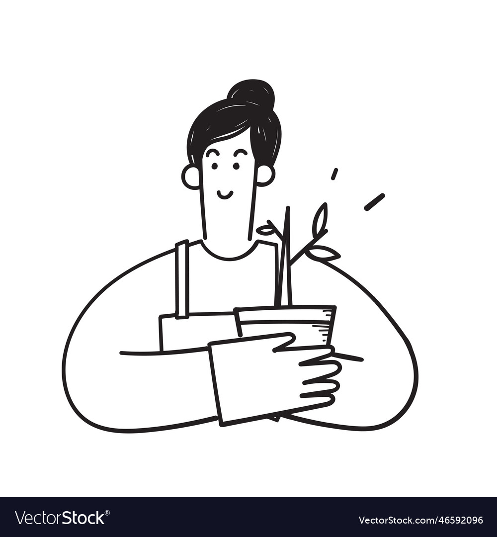 Hand drawn doodle gardening person holding potted Vector Image