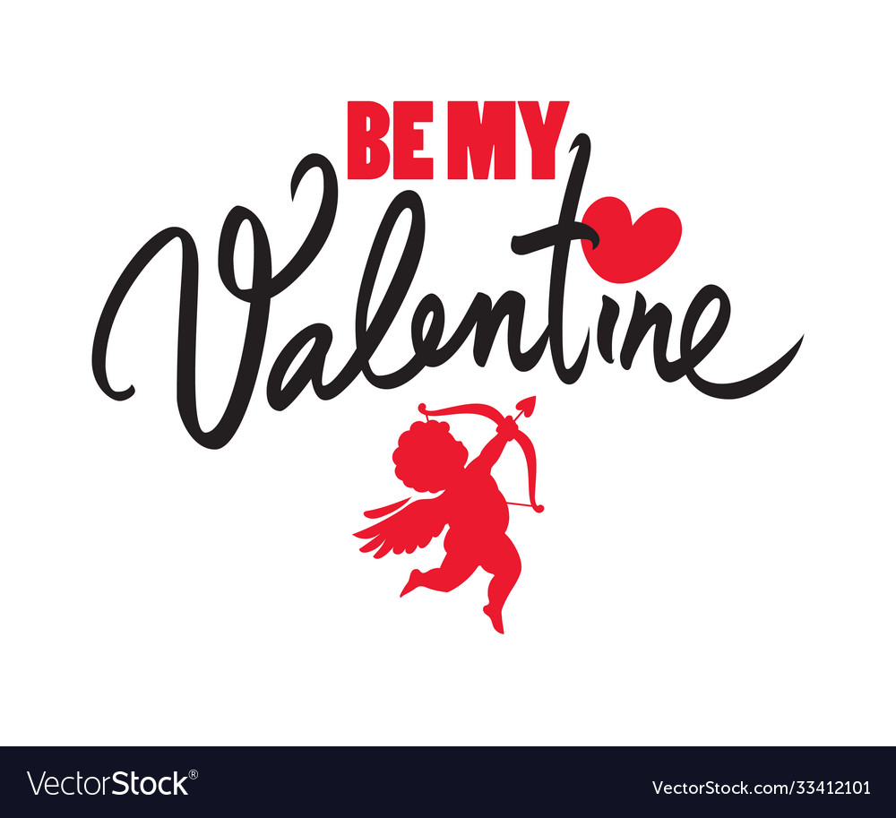 Be my valentine text with red heart and cupid vector image Be my valentine text with red heart and cupid