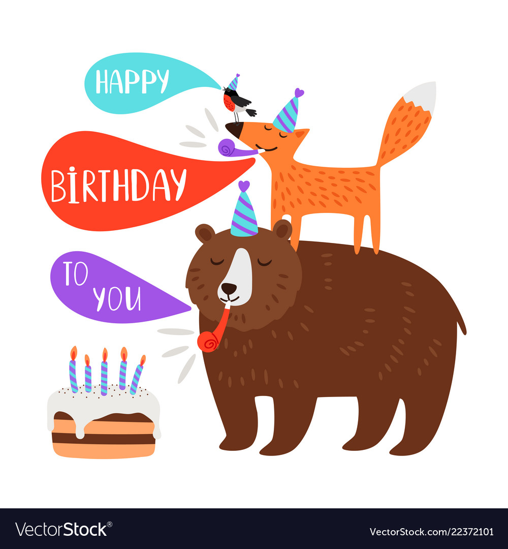 Children birthday party card animals vector image Children birthday party card animals
