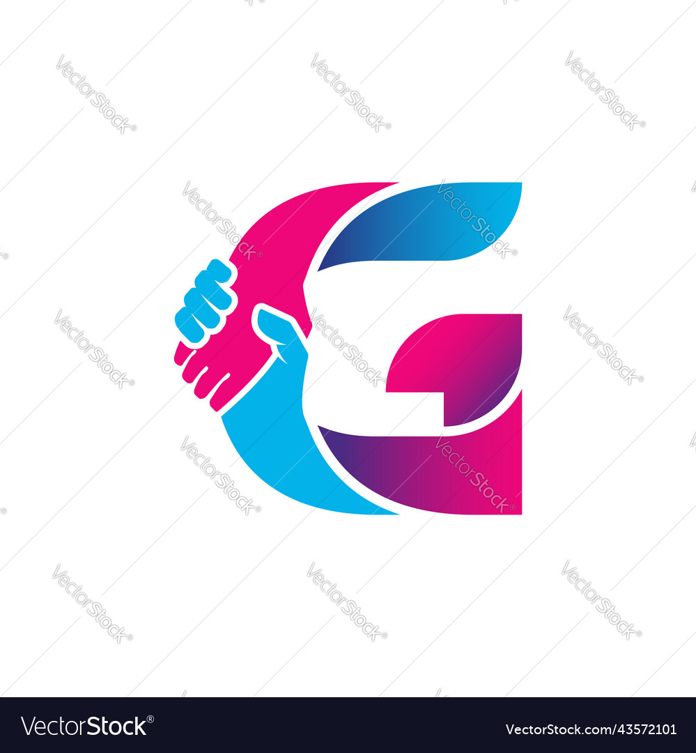 Handshake logo isolated on letter g alphabet vector image Handshake logo isolated on letter g alphabet