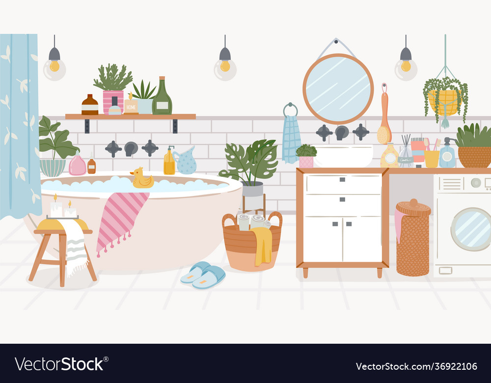 Cartoon bathroom interior foam bathtub Royalty Free Vector