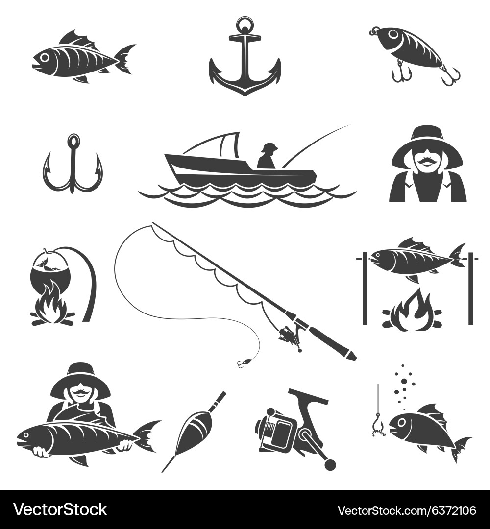 Fishing black icons set Royalty Free Vector Image
