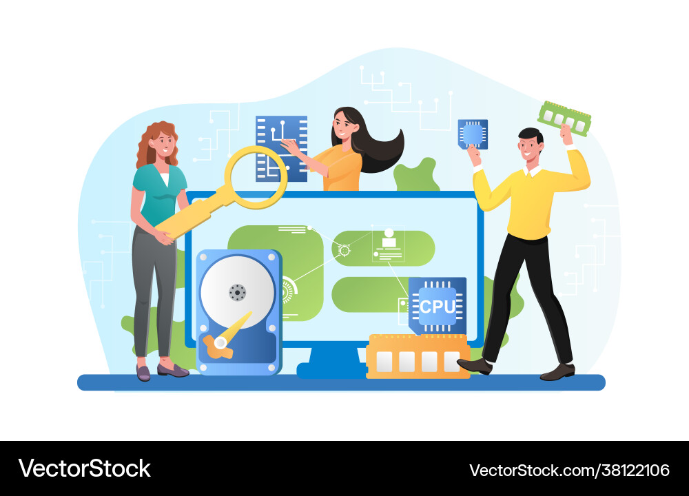 Male and female characters are working in computer