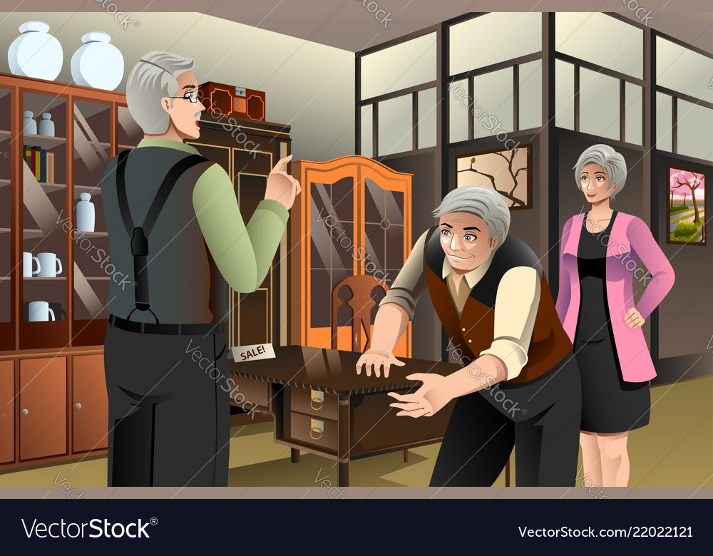 Mature Couple Buying Antique Furniture Royalty Free Vector