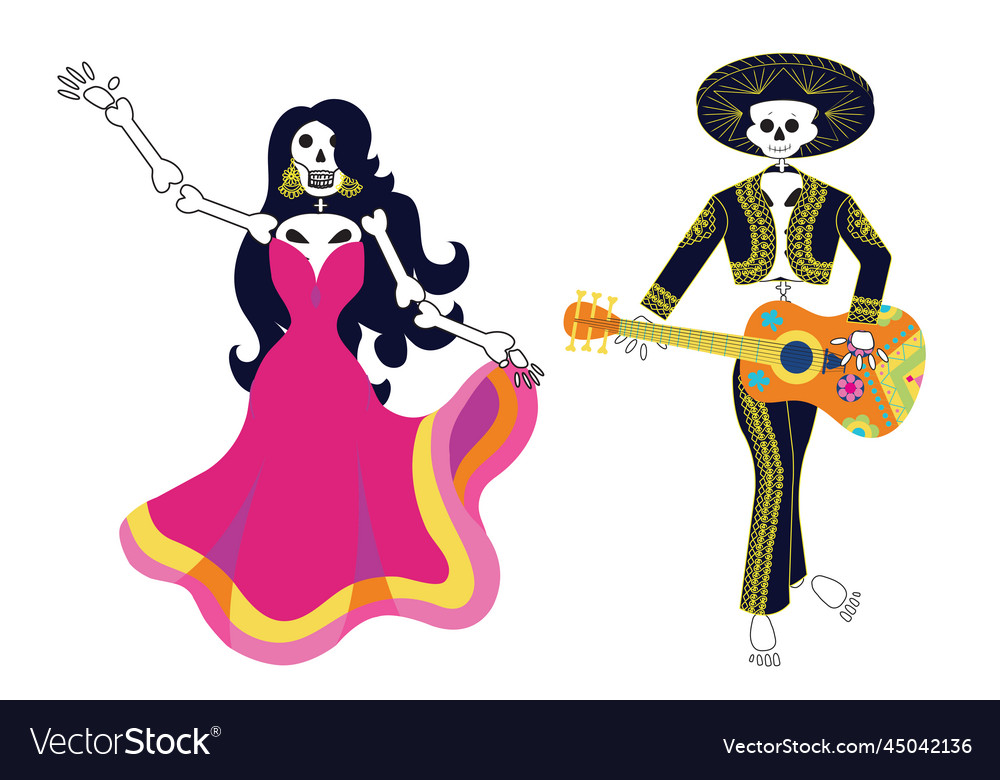 Dia de muertos postcard dancing skeletons Vector Image