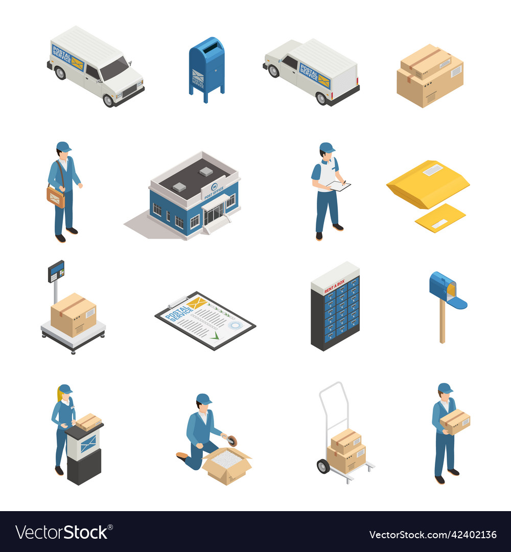 Postal service isometric icons set Royalty Free Vector Image