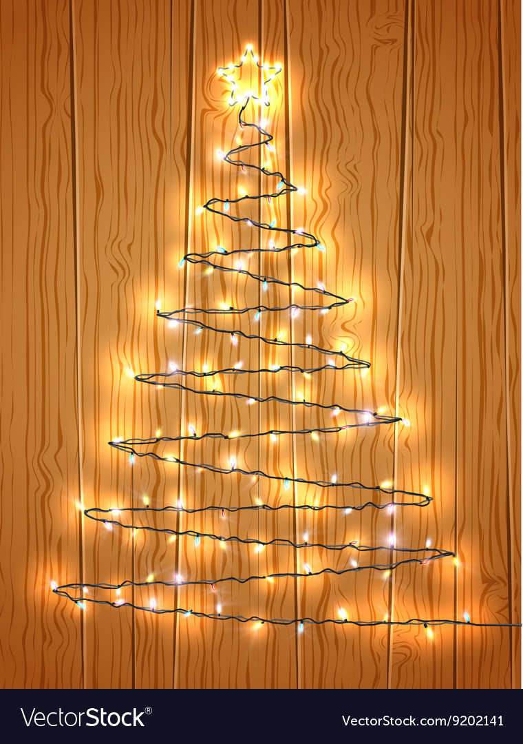 Christmas Tree With Light On Wooden Background Vector Image