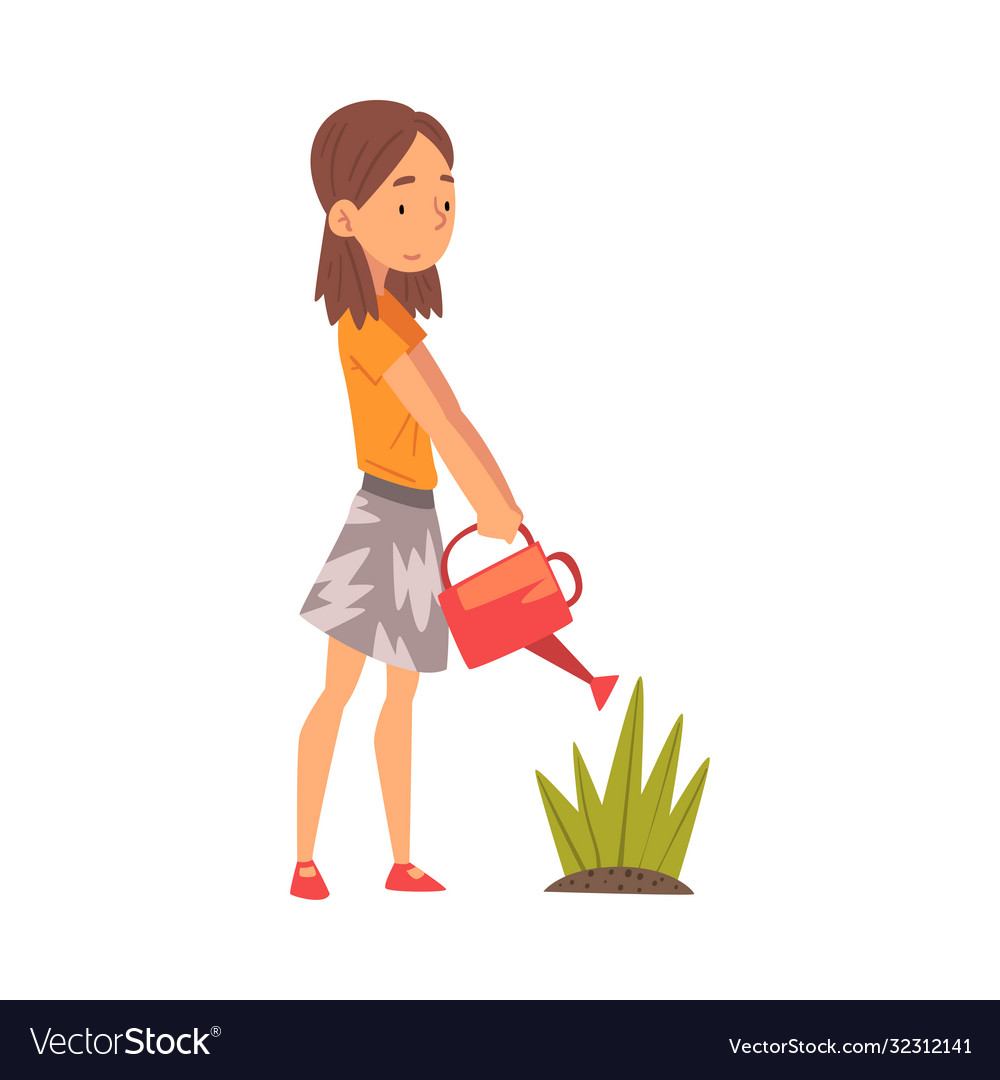 Cute girl watering plants in garden Royalty Free Vector