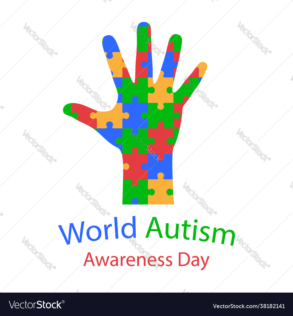 World autism day hand with puzzles Royalty Free Vector Image