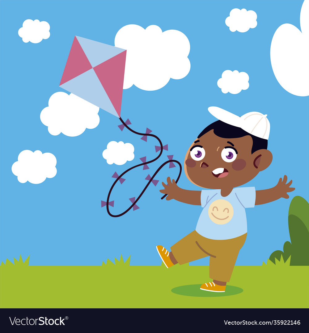 Little boy playing with kite in yard cartoon Vector Image