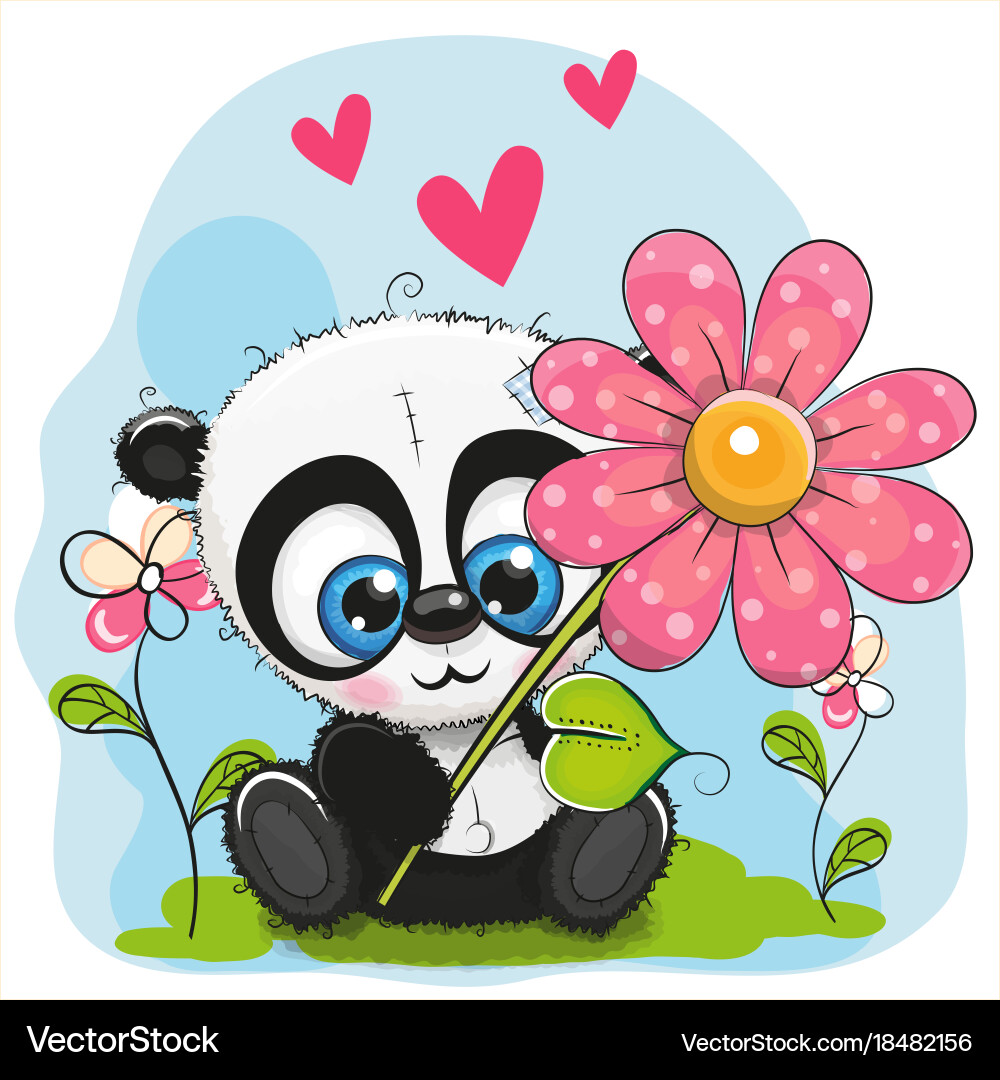 Greeting card panda with flower and hearts Vector Image