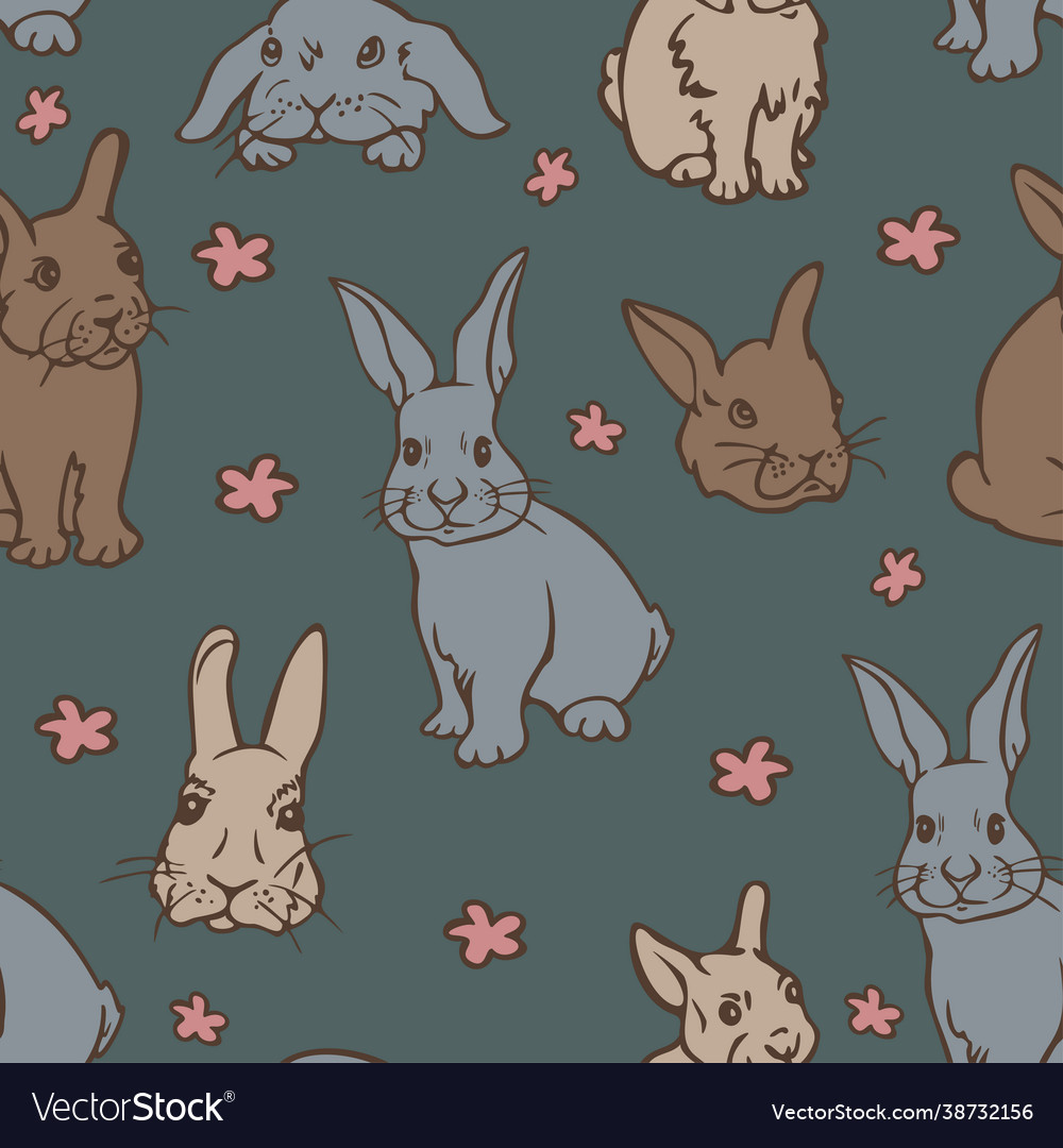 Seamless pattern with cute rabbits and flowers Vector Image