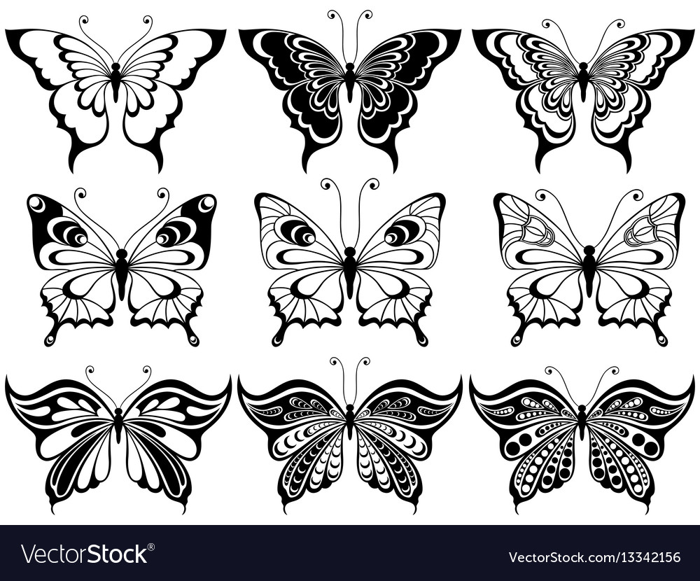 Set nine ornamental butterflies Royalty Free Vector Image