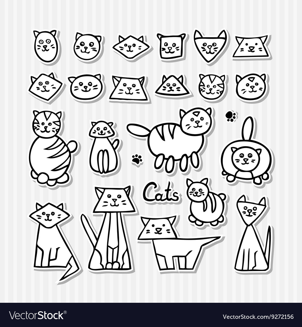 Set of hand drawn funny cats on grey striped Vector Image