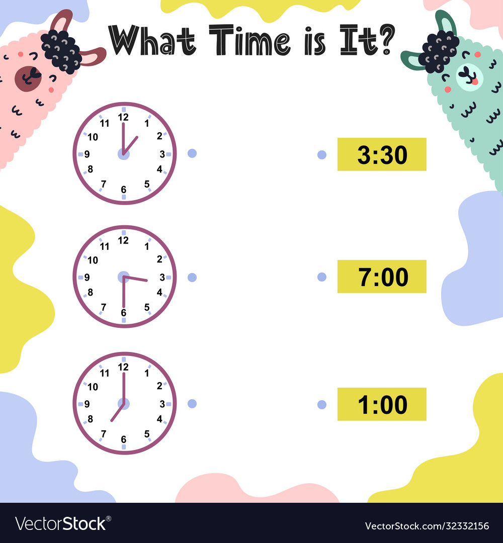 What time is it worksheet for kids telling Vector Image