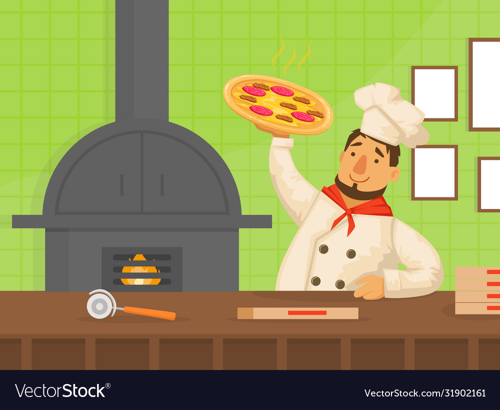 Chef holding freshly prepared pizza pizza maker Vector Image