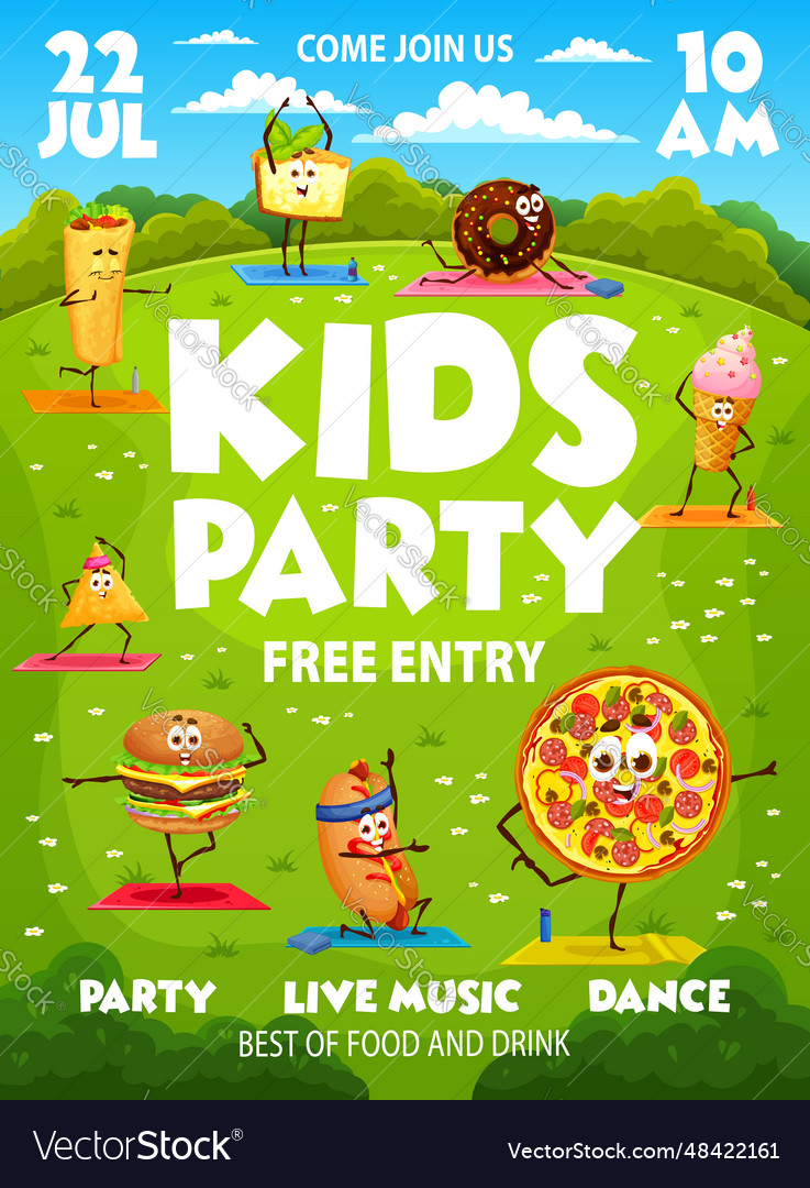 Kids party flyer cartoon funny fast food on yoga Vector Image