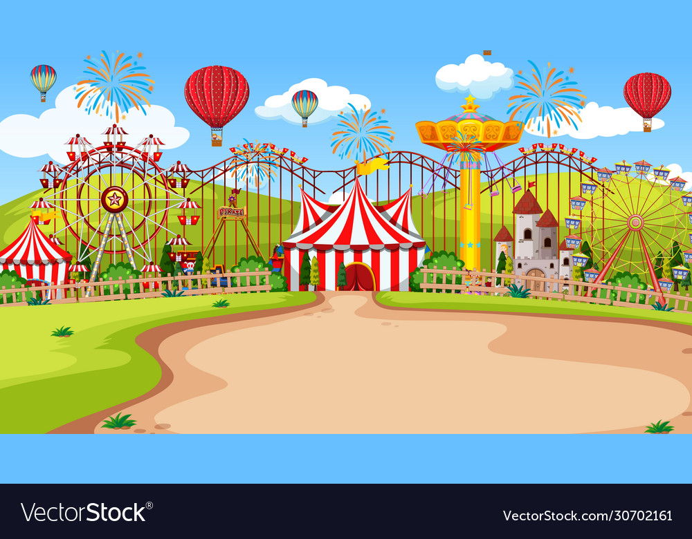 Themepark scene with many rides at day time Vector Image