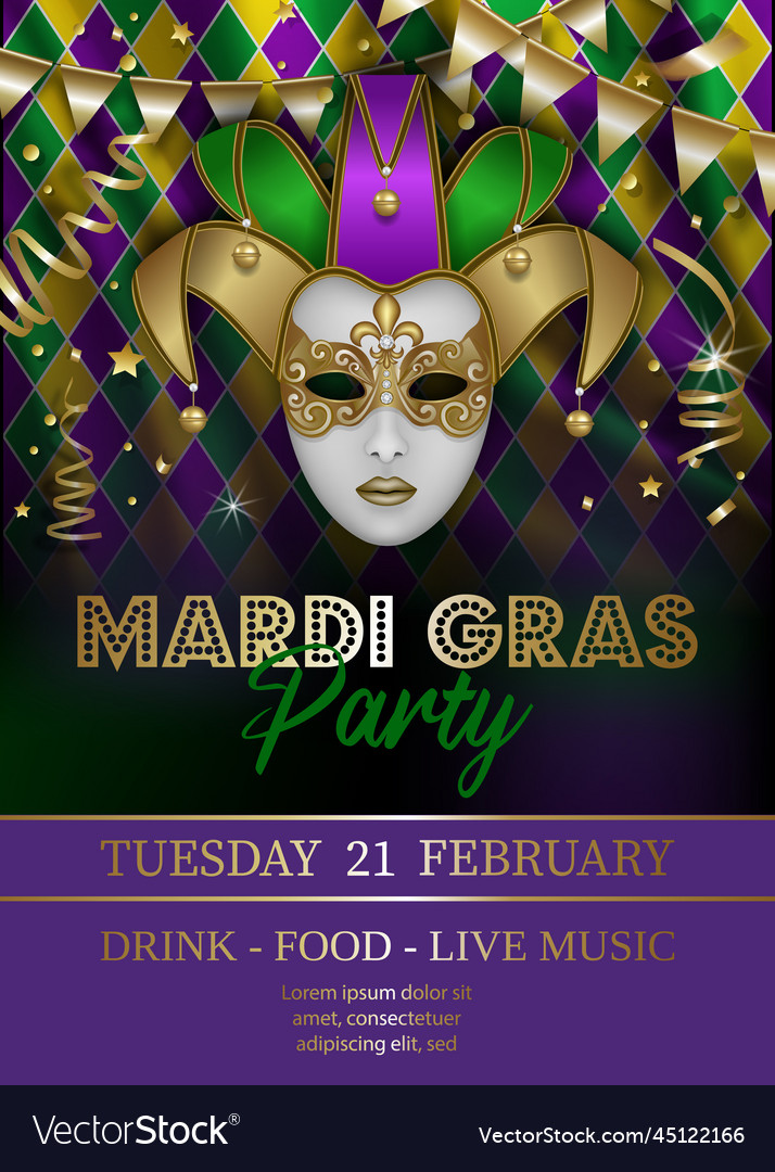 Mardi gras poster with jolly mask and streamers Vector Image