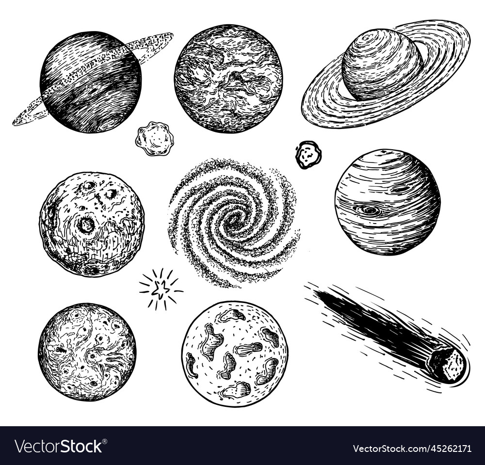 Sketch of space objects set collection of comets Vector Image