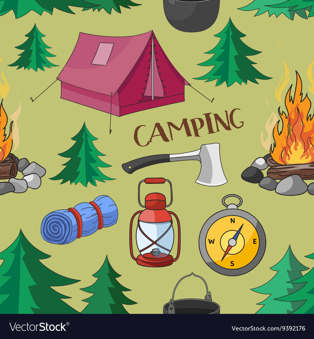 Camping pattern with equipment symbols Royalty Free Vector