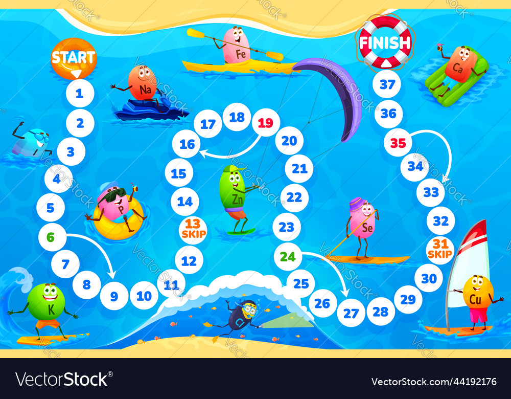 Kids step board game cartoon minerals at beach Vector Image