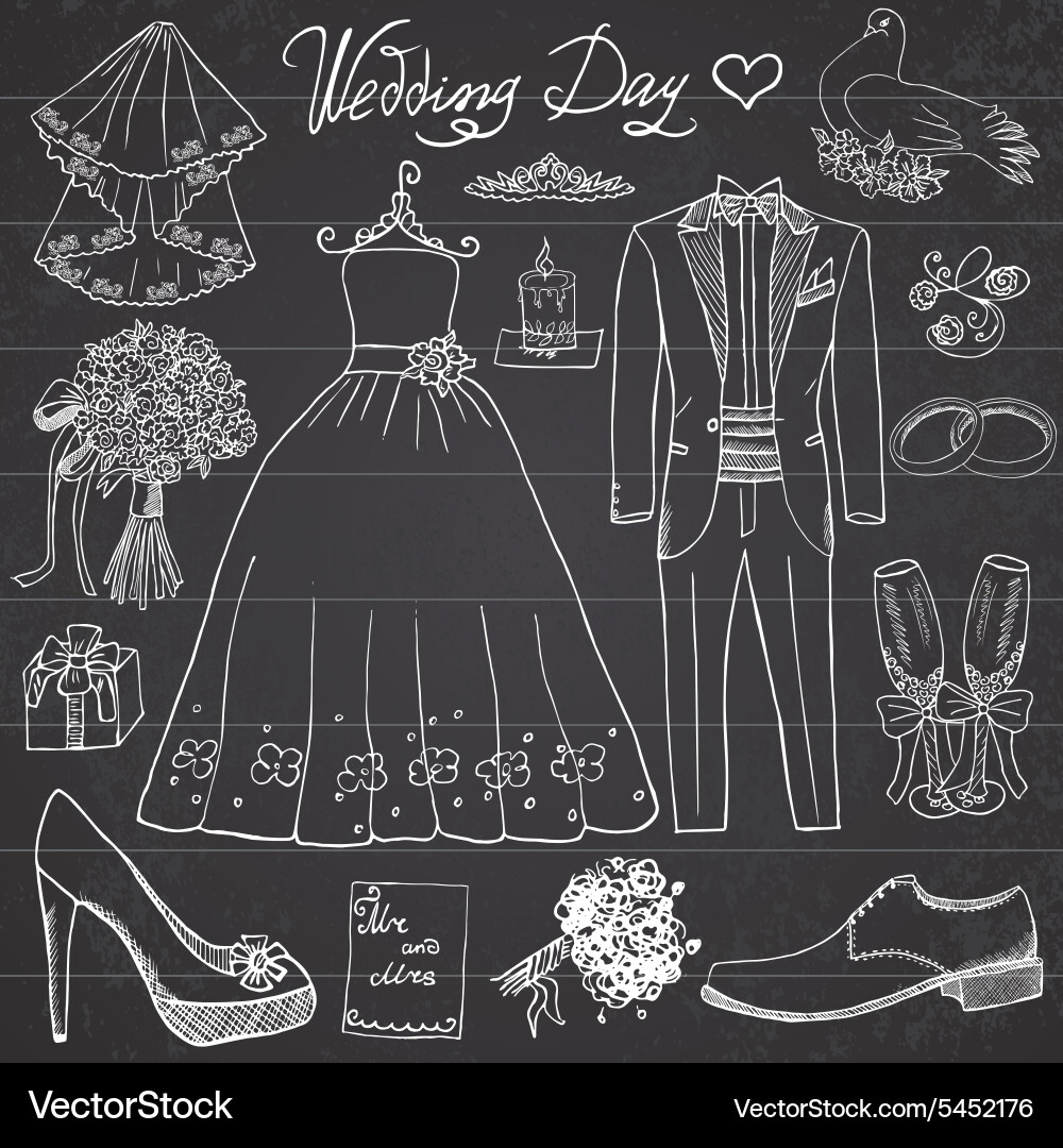 Wedding day elements hand drawn set with flowers Vector Image