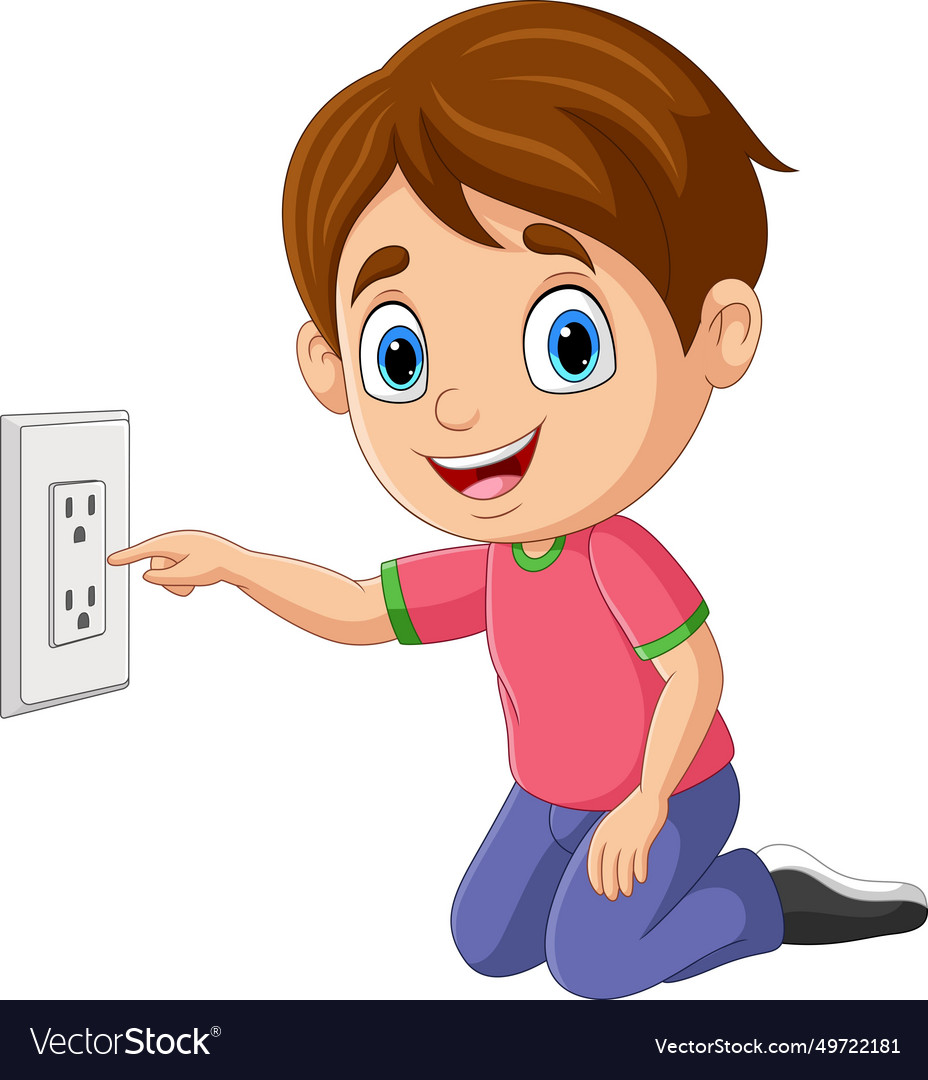 Cartoon little boy touching an electrical socket Vector Image