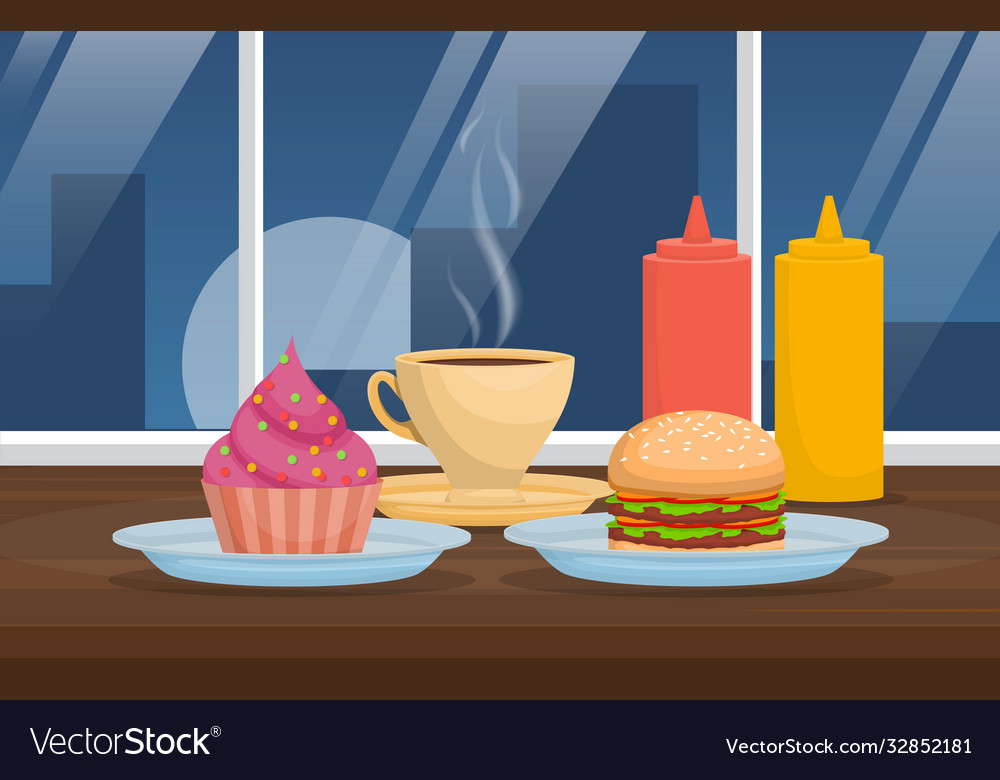 Snack on table cafe restaurant city skyscraper Vector Image