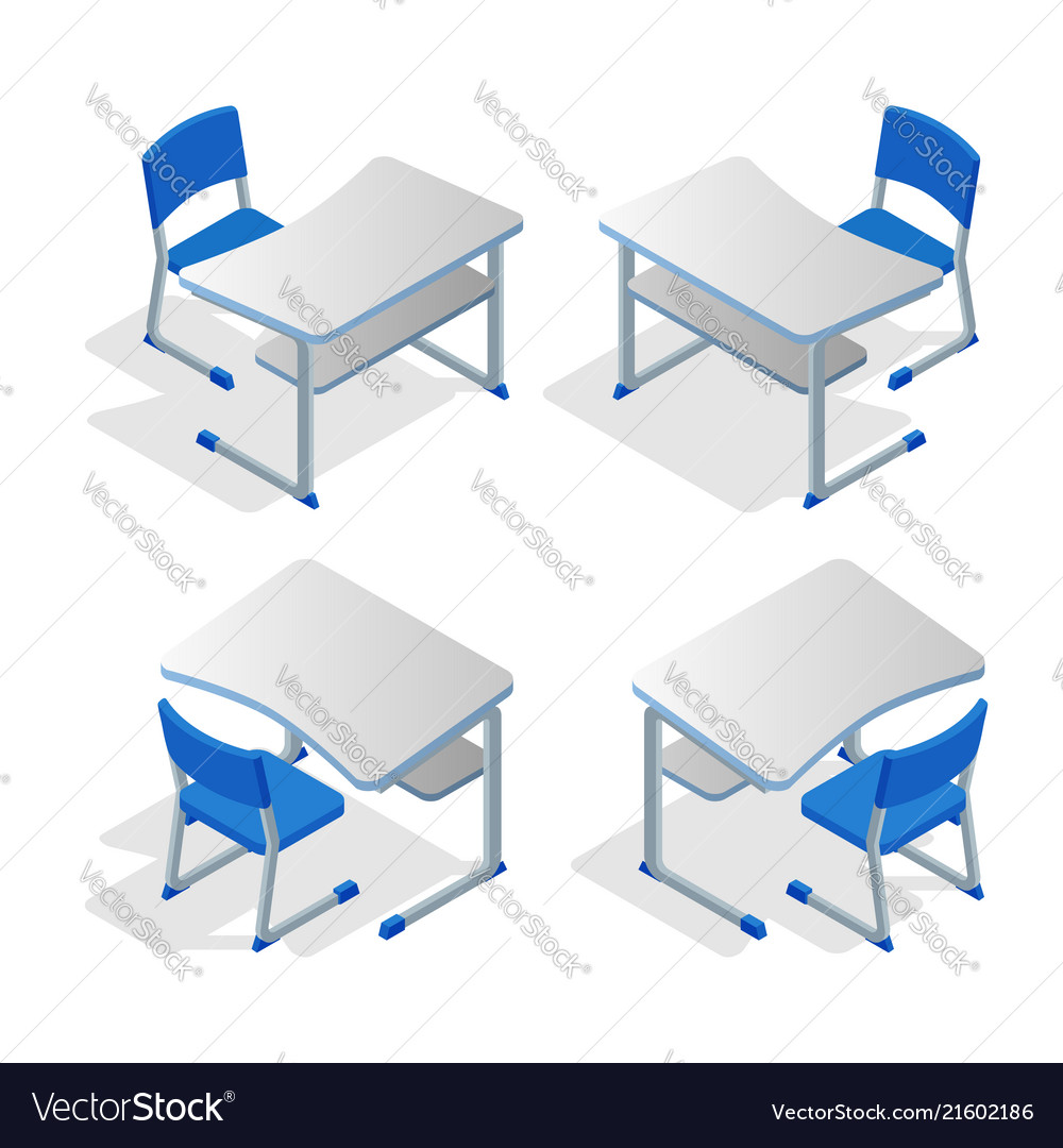 Isometric Set Of School Or College Desk Table With