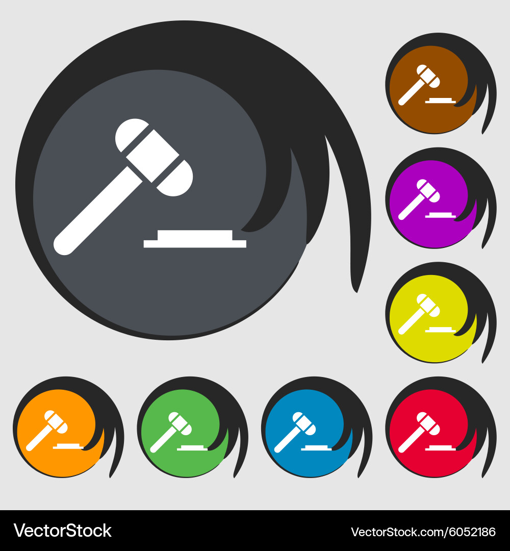 Judge hammer icon symbols on eight colored buttons