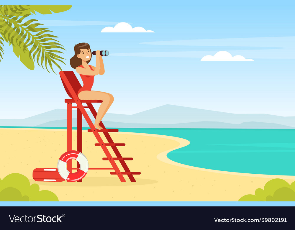 Young woman lifeguard sitting on high ladder Vector Image