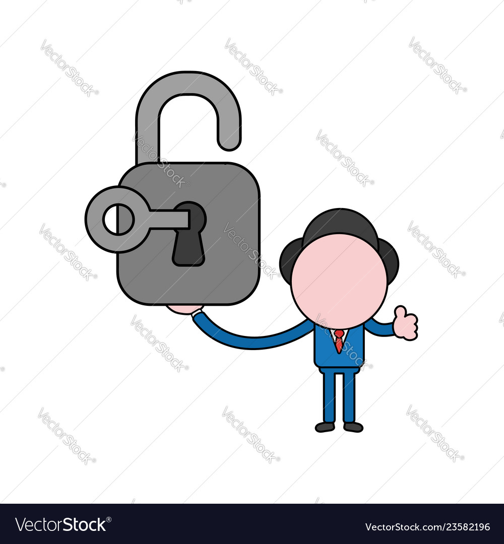 Businessman character holding open padlock Vector Image Businessman character holding open padlock Vector Image