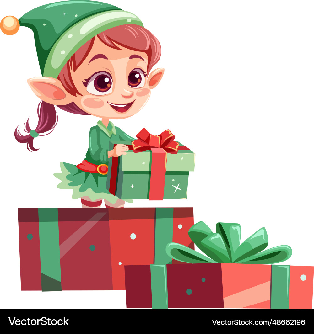 Joyful female elf holding christmas gift Vector Image