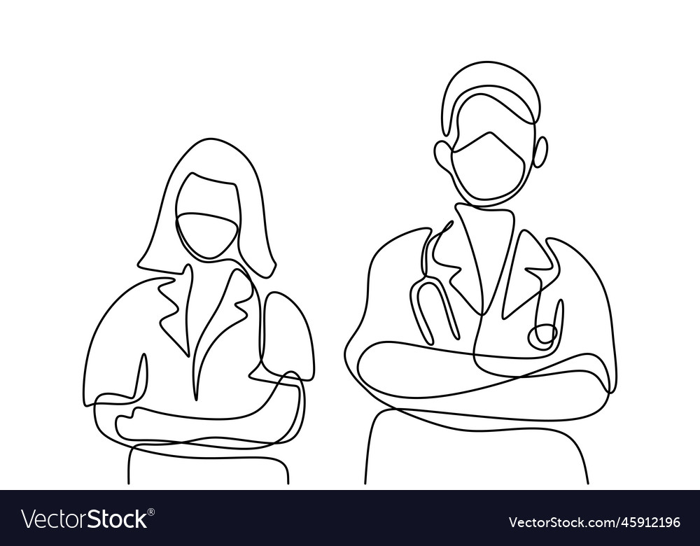 One single line drawing of the doctor and nurse Vector Image