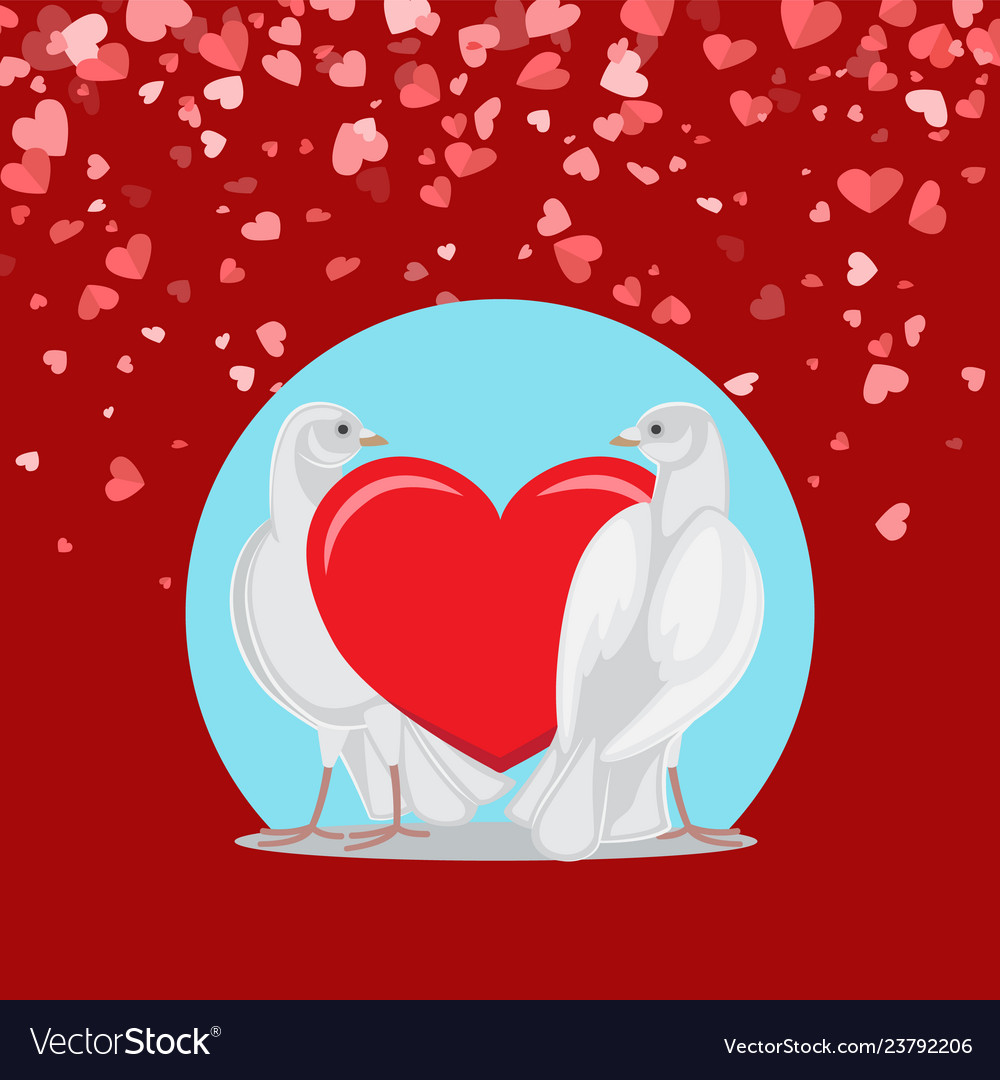 Pair of white doves and red love symbol on blue