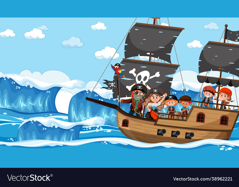 Ocean scene at daytime with pirate kids Royalty Free Vector