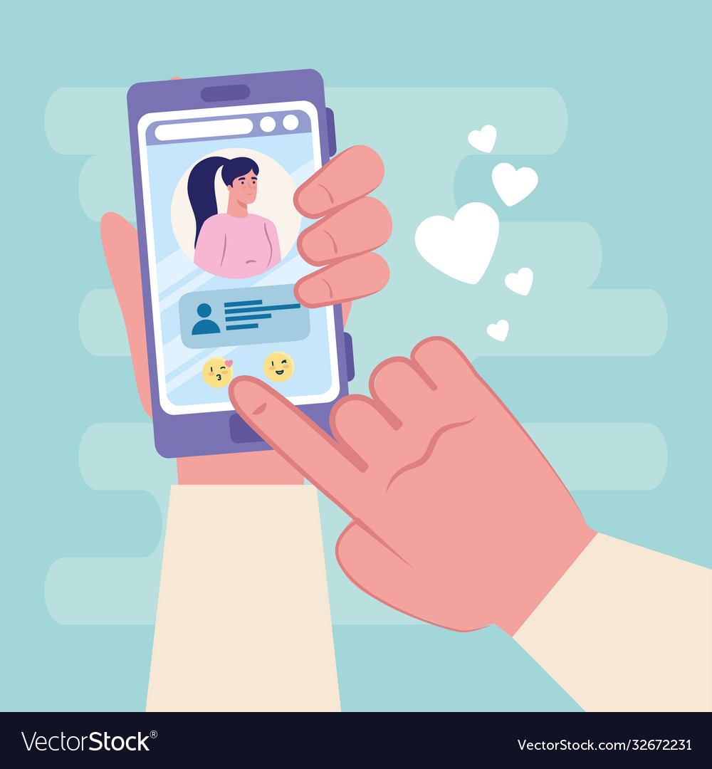 Hand holding smartphone chatting with woman Vector Image