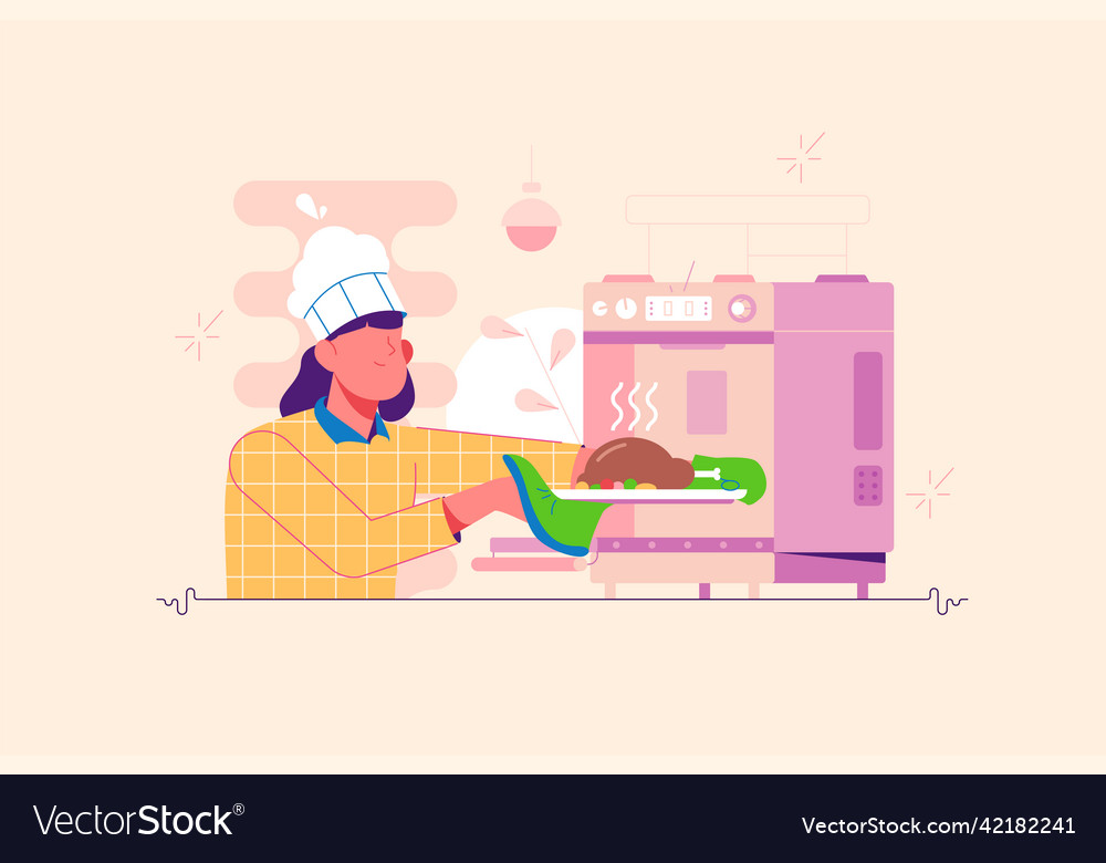 Character put homemade dish to oven for baking Vector Image