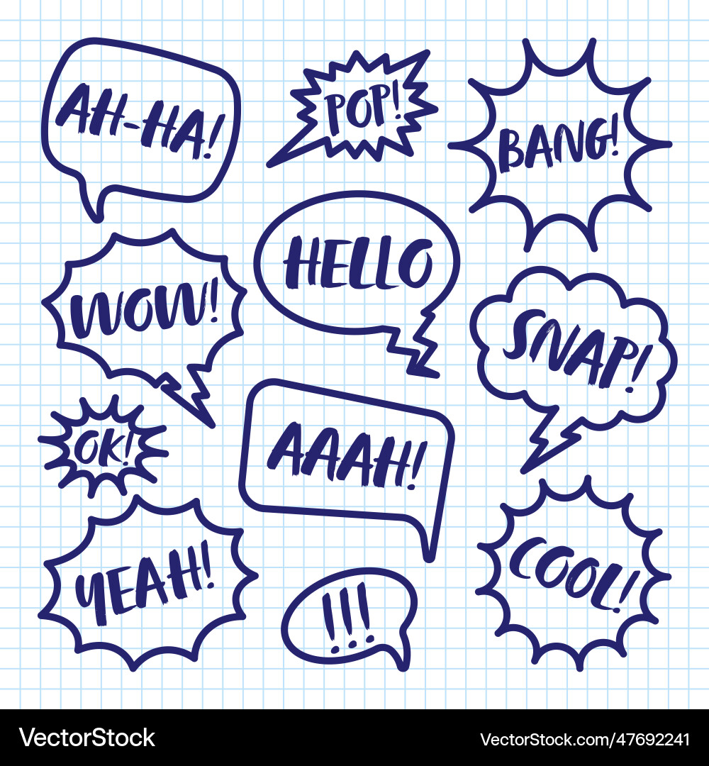 Hand drawn comic speech bubbles on checkered paper