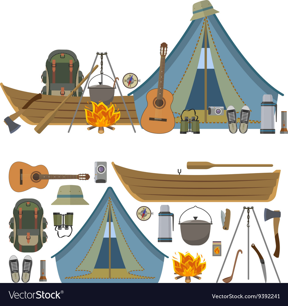 Set camping objects and tools isolated Royalty Free Vector
