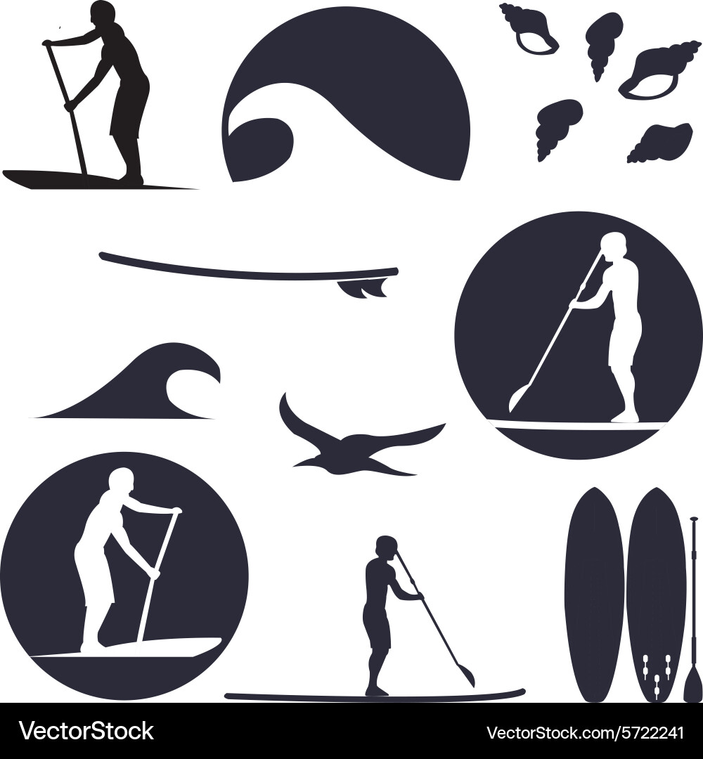 Stand up paddling silhouette icon set in Vector Image