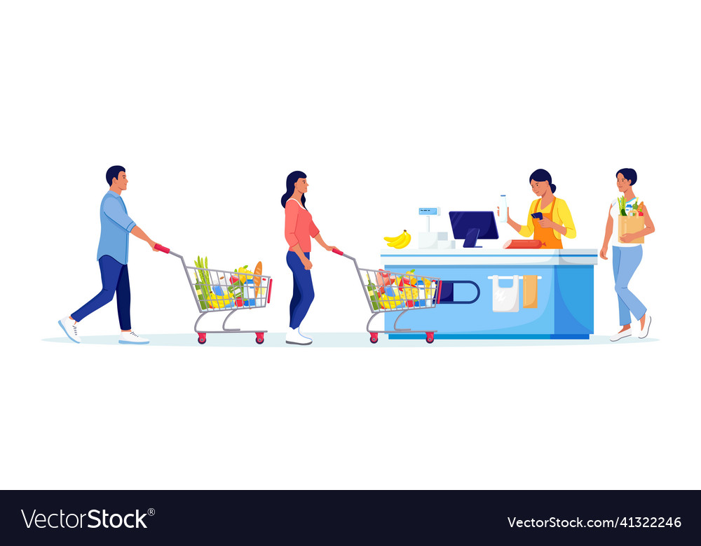 Customers stand in line at grocery supermarket Vector Image