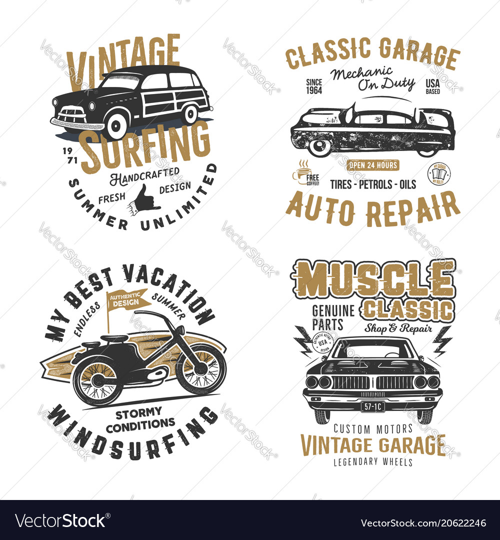 Vintage hand drawn tee prints set surf print vector image Vintage hand drawn tee prints set surf print