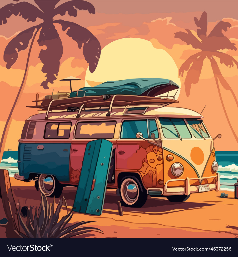 Summer Travel Adventure With Retro Hippie Van Vector Image