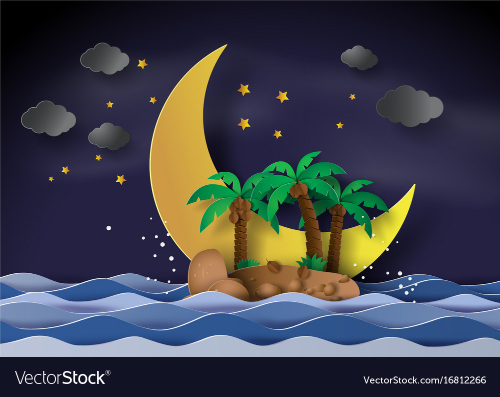 Island in the midnight with half moonpaper Vector Image