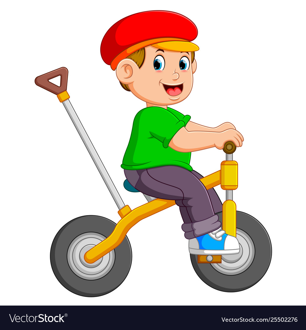 Boy is cycling on bicycle with holder Royalty Free Vector