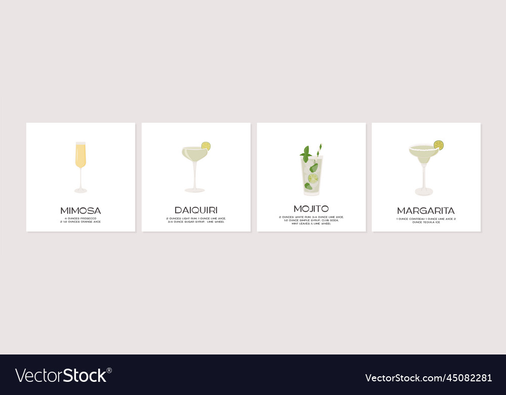 Set of classic cocktails recipe cards different Vector Image